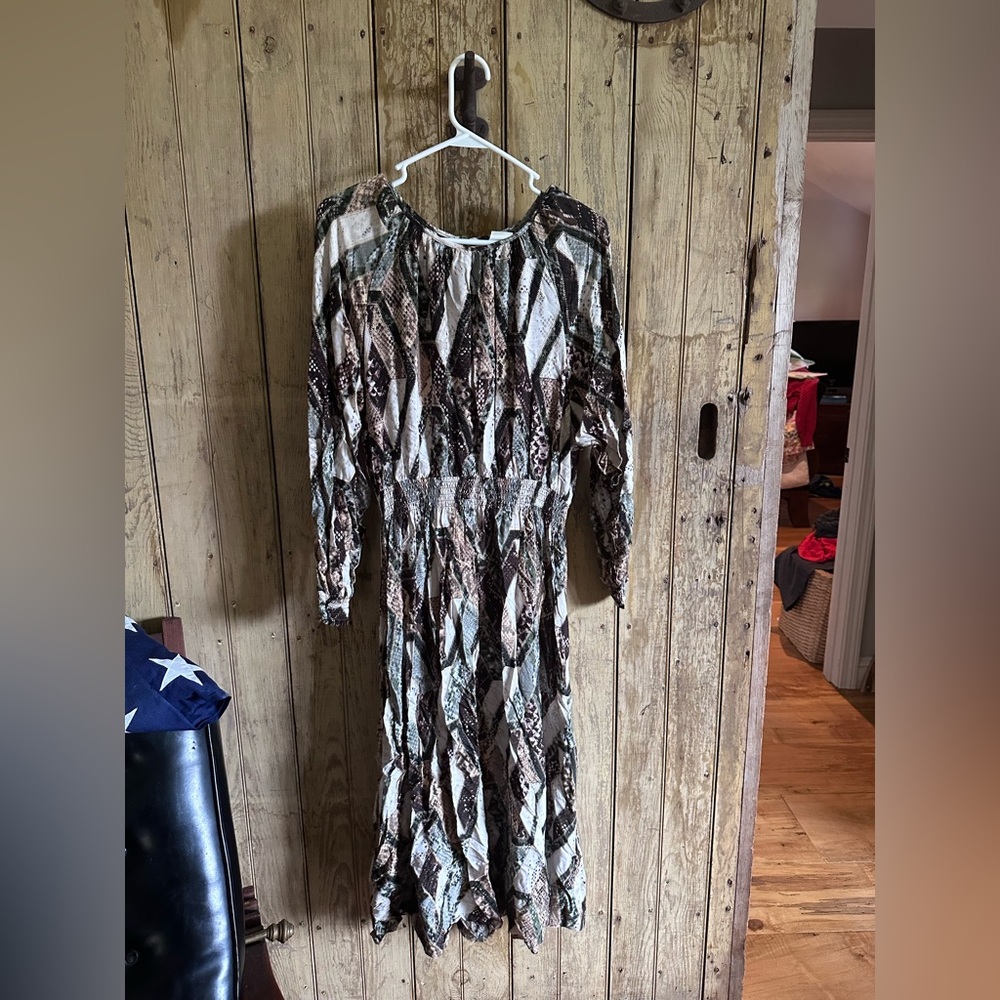 H&M Brown and Cream Patterned Long Sleeve Dress